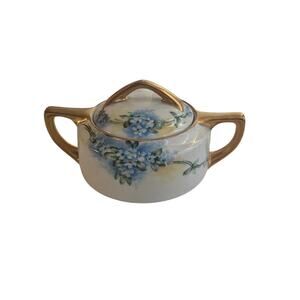 Rare Antique Buffalo China 1918 Sugar Bowl Hand Painted Forget Me Not Gold Trim